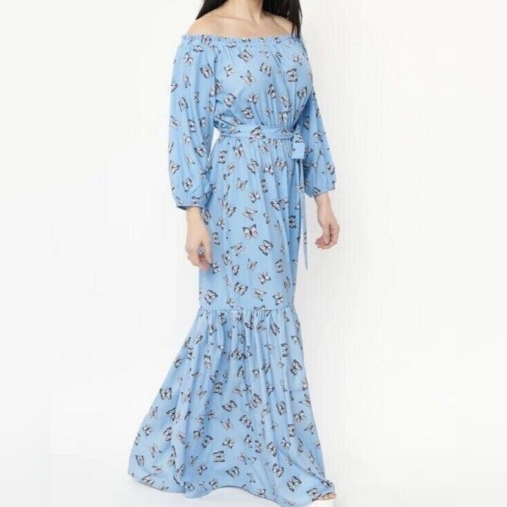 Unique Vintage Blue Maxi Dress Butterflies Size 4 Small